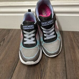 Skechers Kids Rainbow Racer Sneakers - Silver, Black, and Pink
